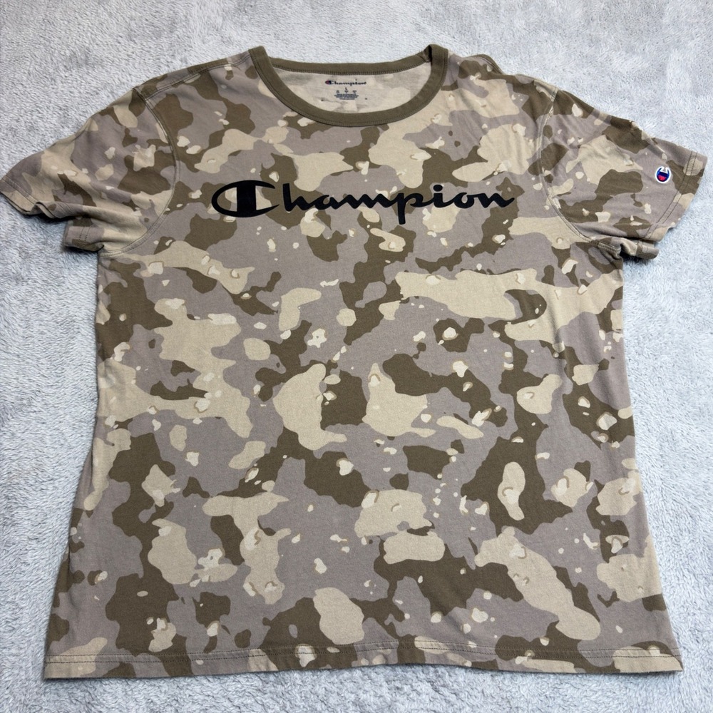 Champion T-Shirt Women Large Tan Brown Camo Short Sleeve Script Logo Cotton Tee